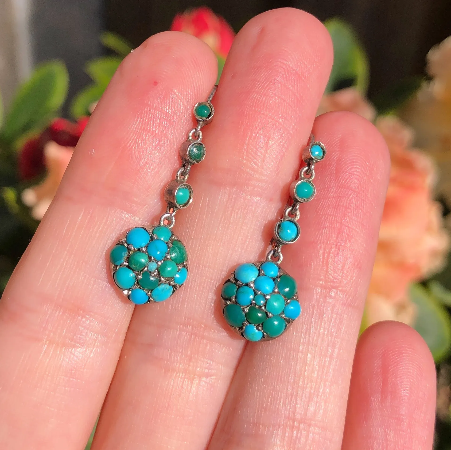 Antique Edwardian Silver Turquoise Drop Earrings