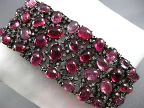 ANTIQUE MASSIVE 87.15CT OLD MINE DIAMOND & PINK SAPPHIRE 18K BLACK GOLD BRACELET