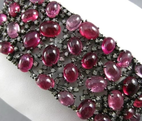 ANTIQUE MASSIVE 87.15CT OLD MINE DIAMOND & PINK SAPPHIRE 18K BLACK GOLD BRACELET