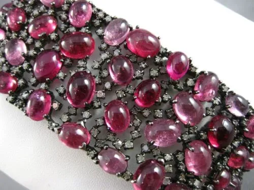 ANTIQUE MASSIVE 87.15CT OLD MINE DIAMOND & PINK SAPPHIRE 18K BLACK GOLD BRACELET