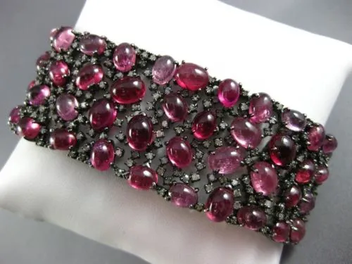 ANTIQUE MASSIVE 87.15CT OLD MINE DIAMOND & PINK SAPPHIRE 18K BLACK GOLD BRACELET