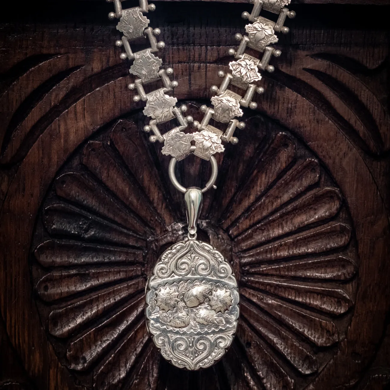 Antique Victorian Silver Floral Locket And Collar Necklace Dated 1884
