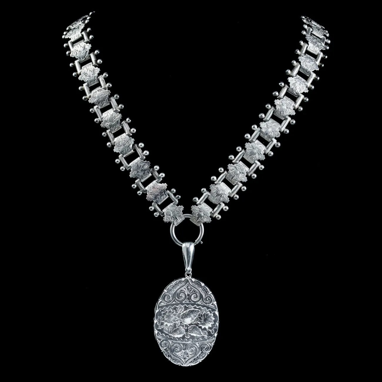 Antique Victorian Silver Floral Locket And Collar Necklace Dated 1884