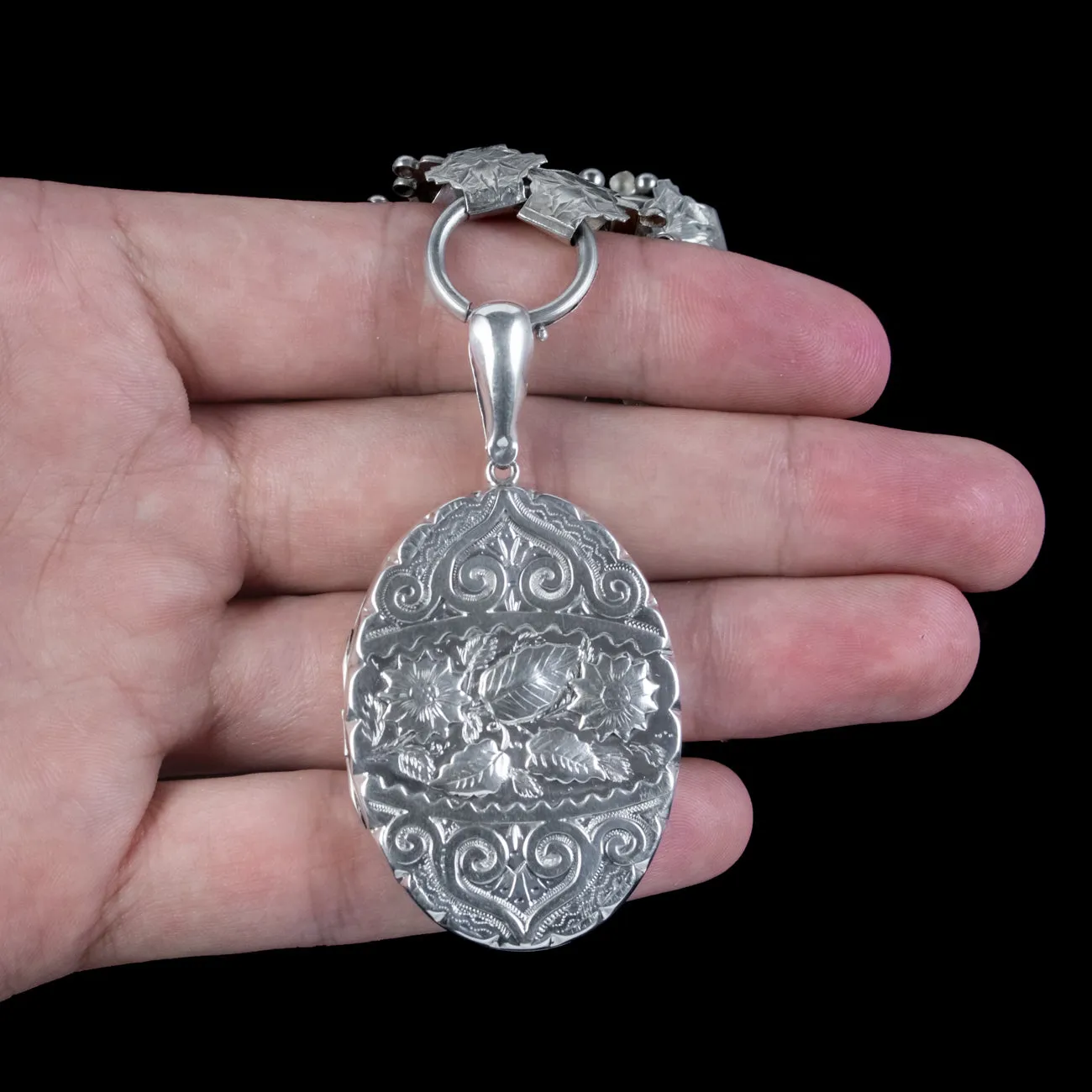 Antique Victorian Silver Floral Locket And Collar Necklace Dated 1884
