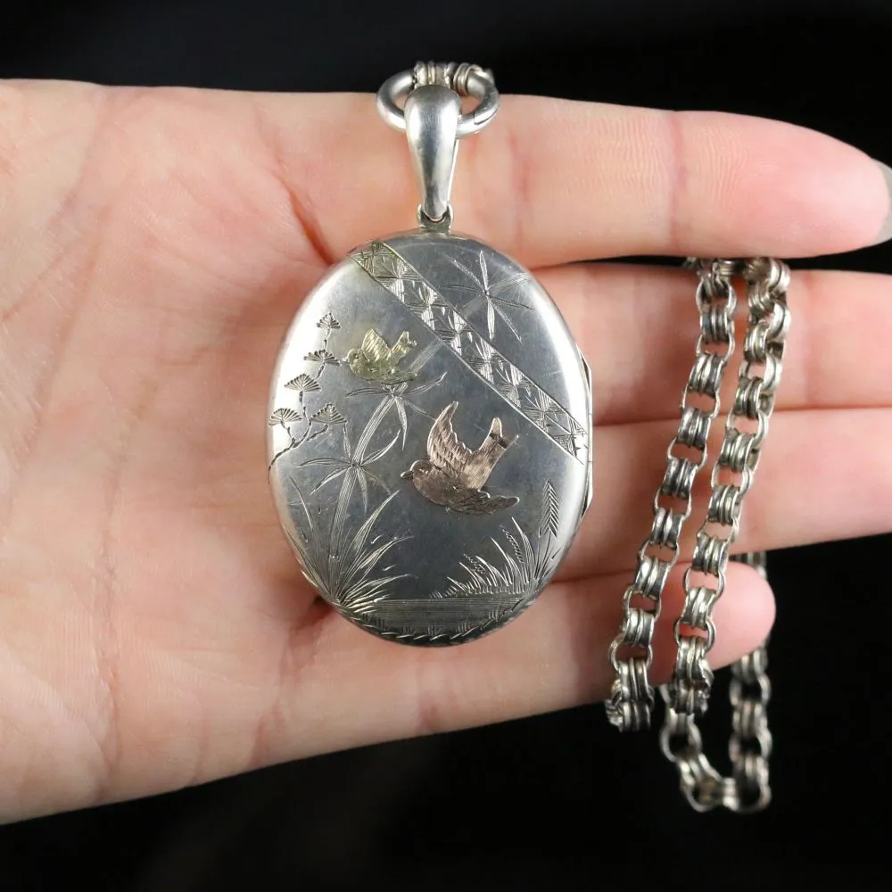 Antique Victorian Silver Gold Bird Locket And Collar