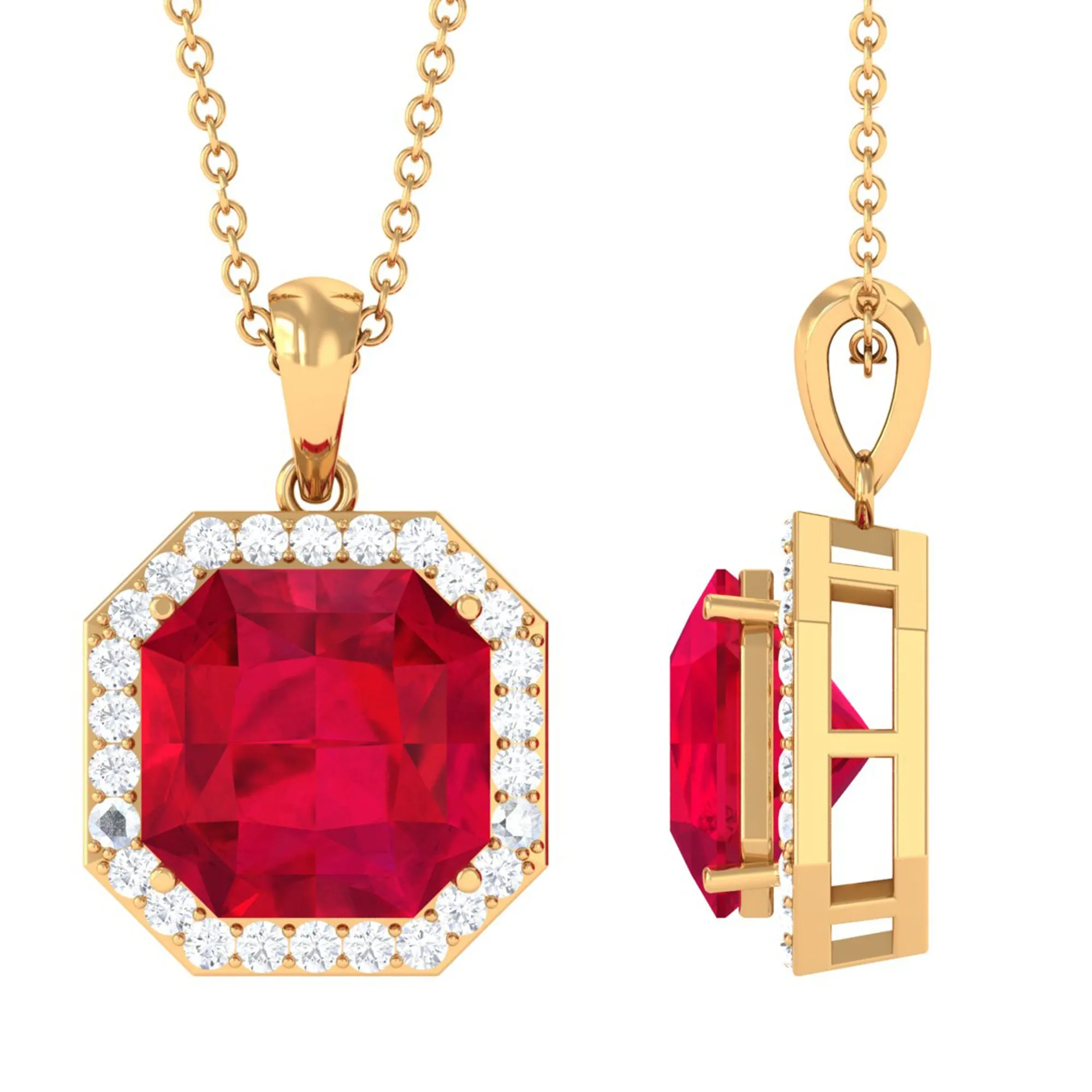 Asscher Cut Created Ruby Bridal Halo Pendant Necklace With Moissanite