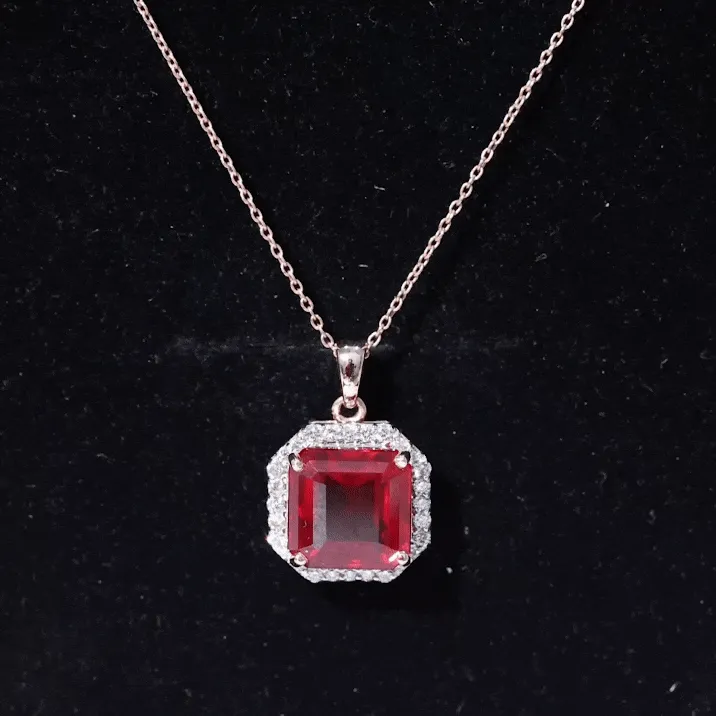 Asscher Cut Created Ruby Bridal Halo Pendant Necklace With Moissanite
