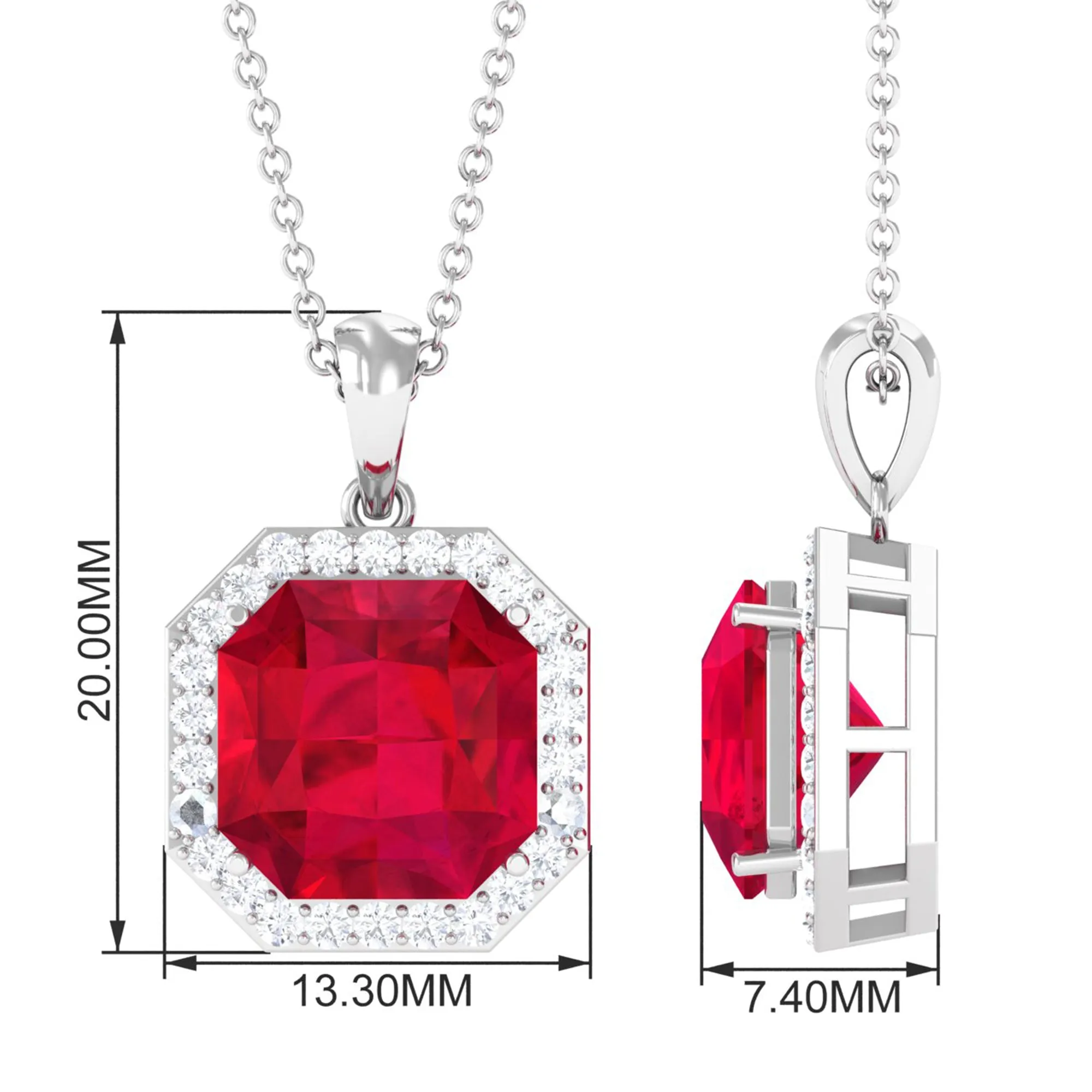 Asscher Cut Created Ruby Bridal Halo Pendant Necklace With Moissanite