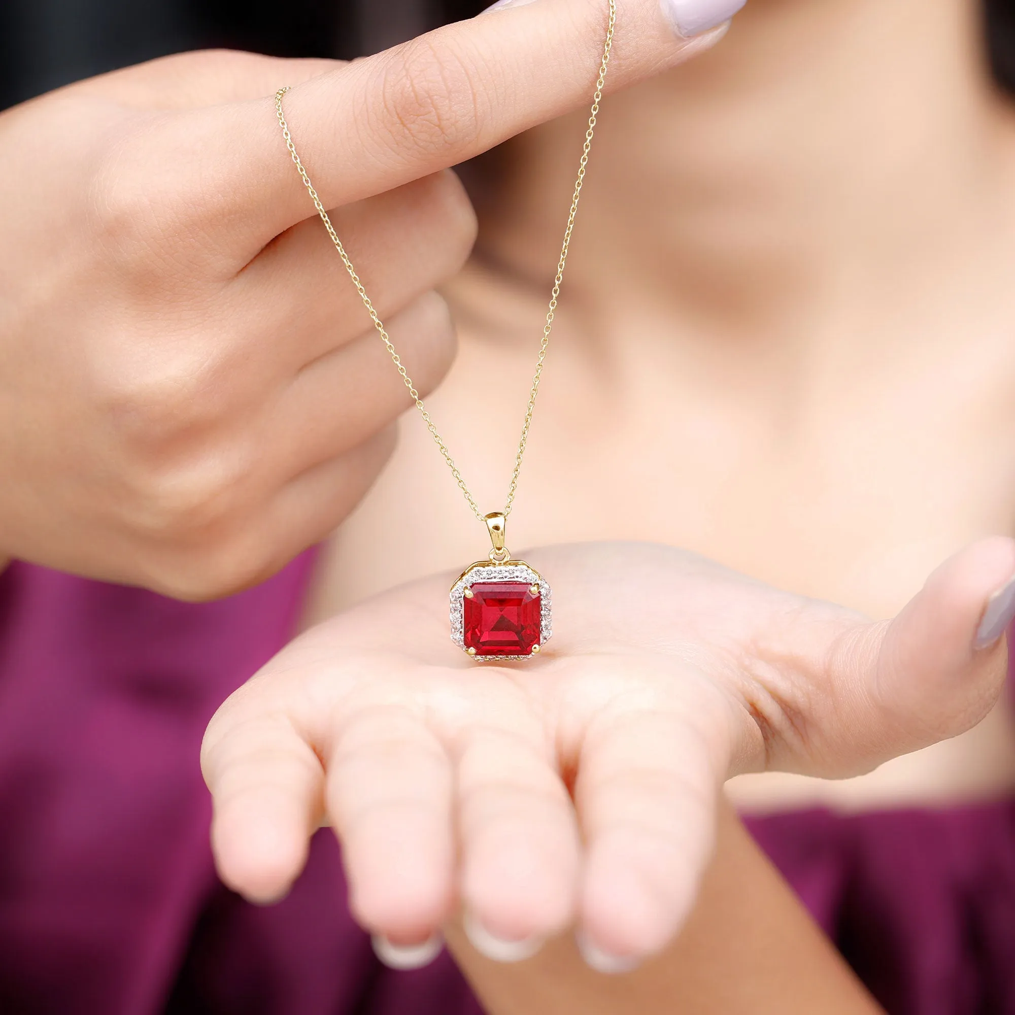 Asscher Cut Created Ruby Bridal Halo Pendant Necklace With Moissanite