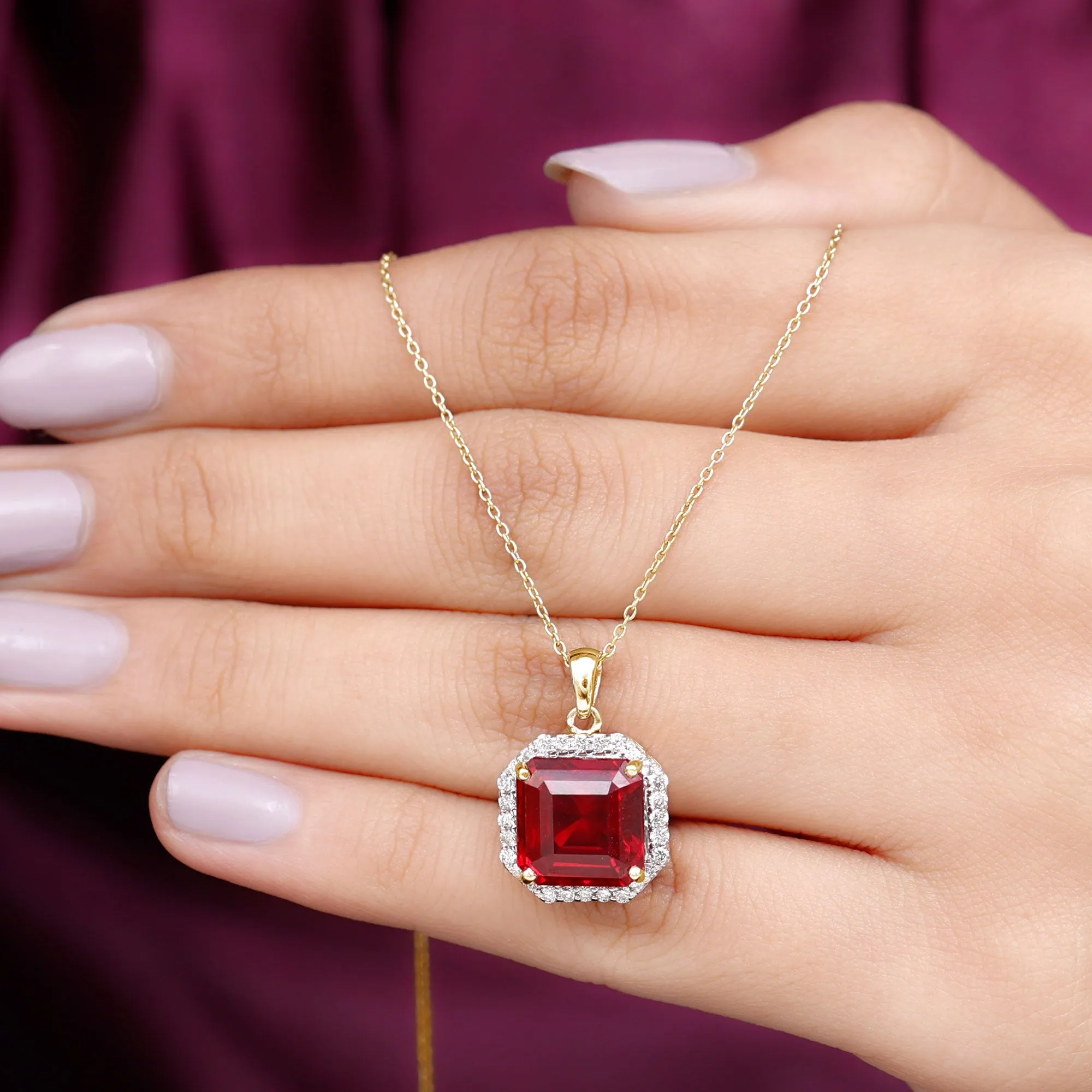 Asscher Cut Created Ruby Bridal Halo Pendant Necklace With Moissanite