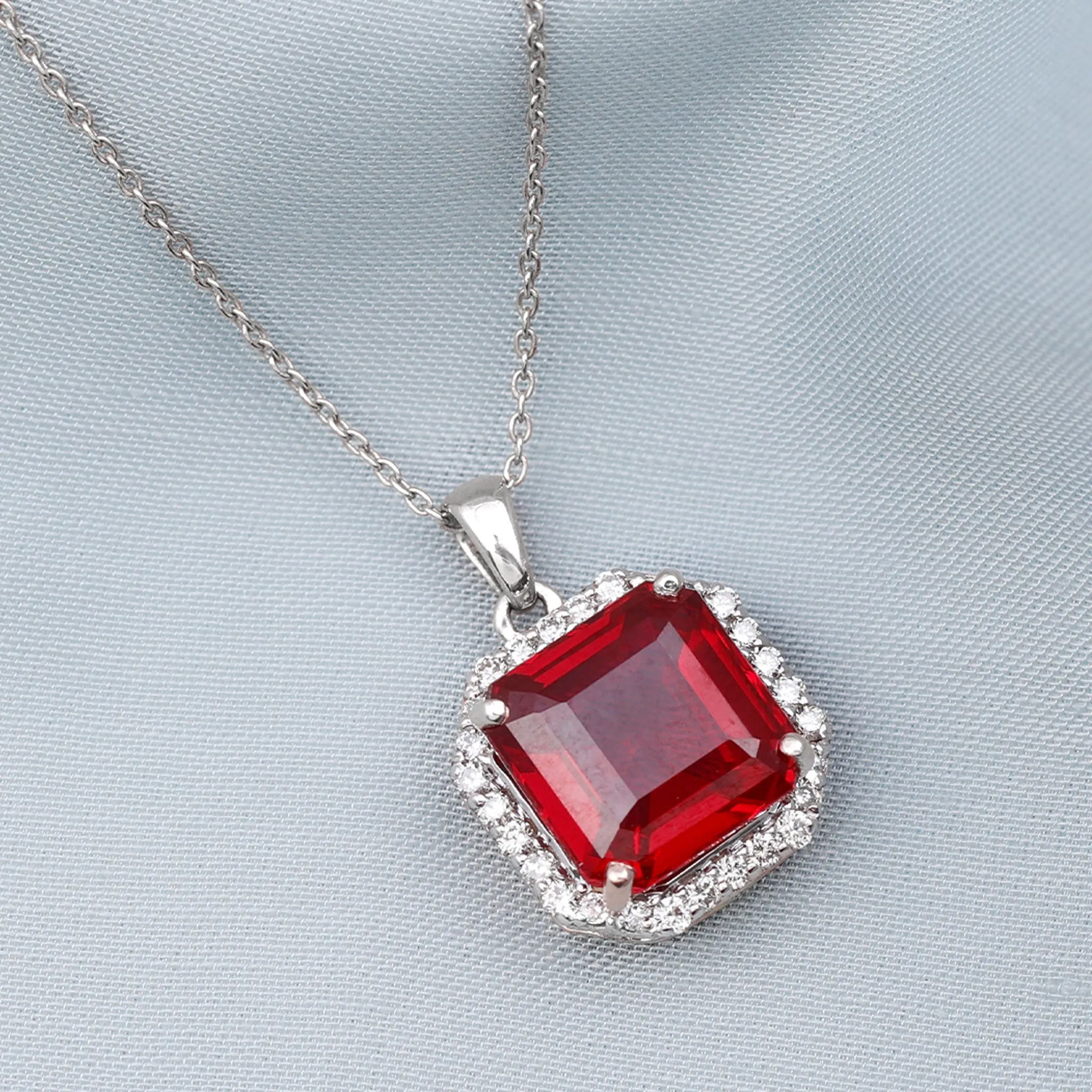 Asscher Cut Created Ruby Bridal Halo Pendant Necklace With Moissanite