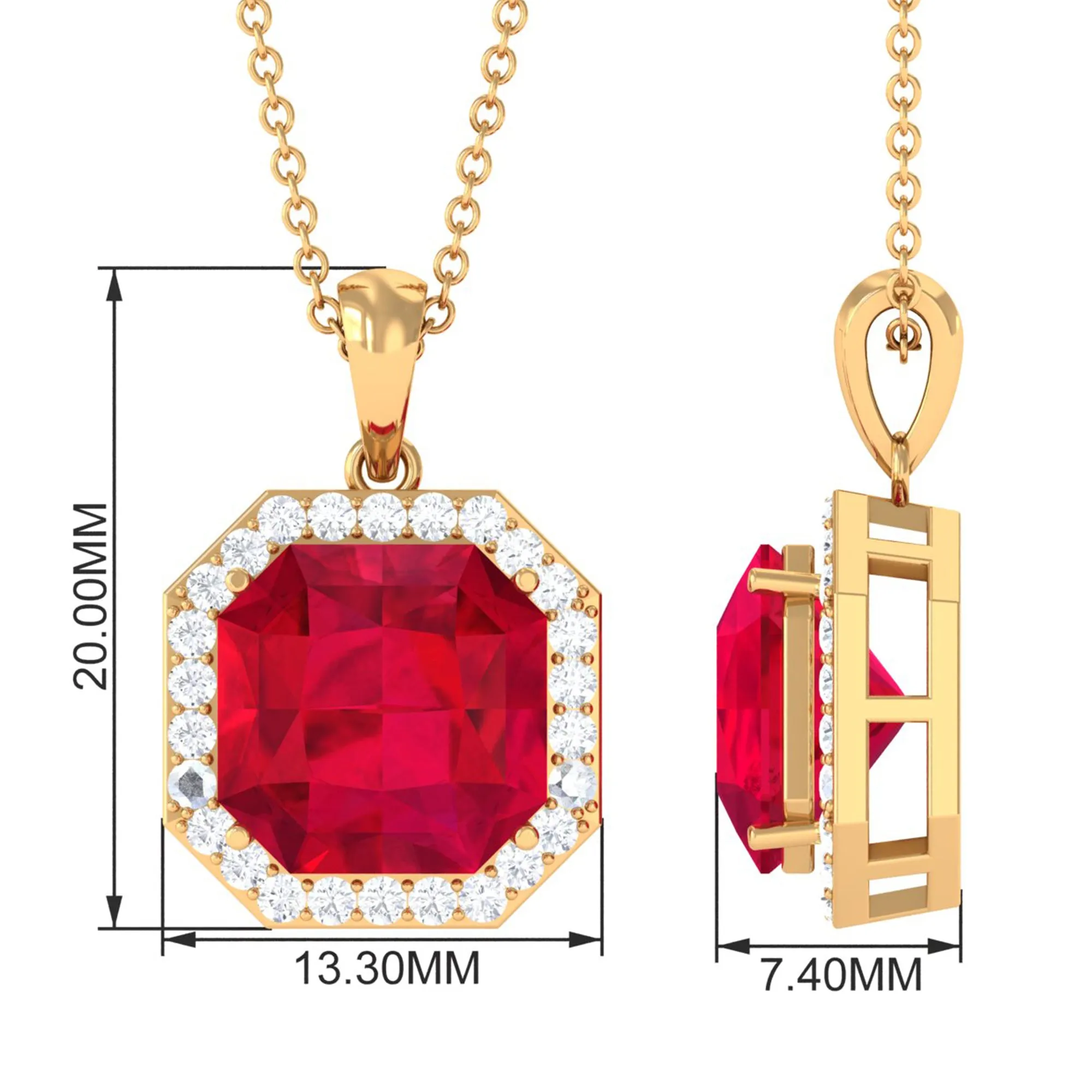 Asscher Cut Created Ruby Bridal Halo Pendant Necklace With Moissanite