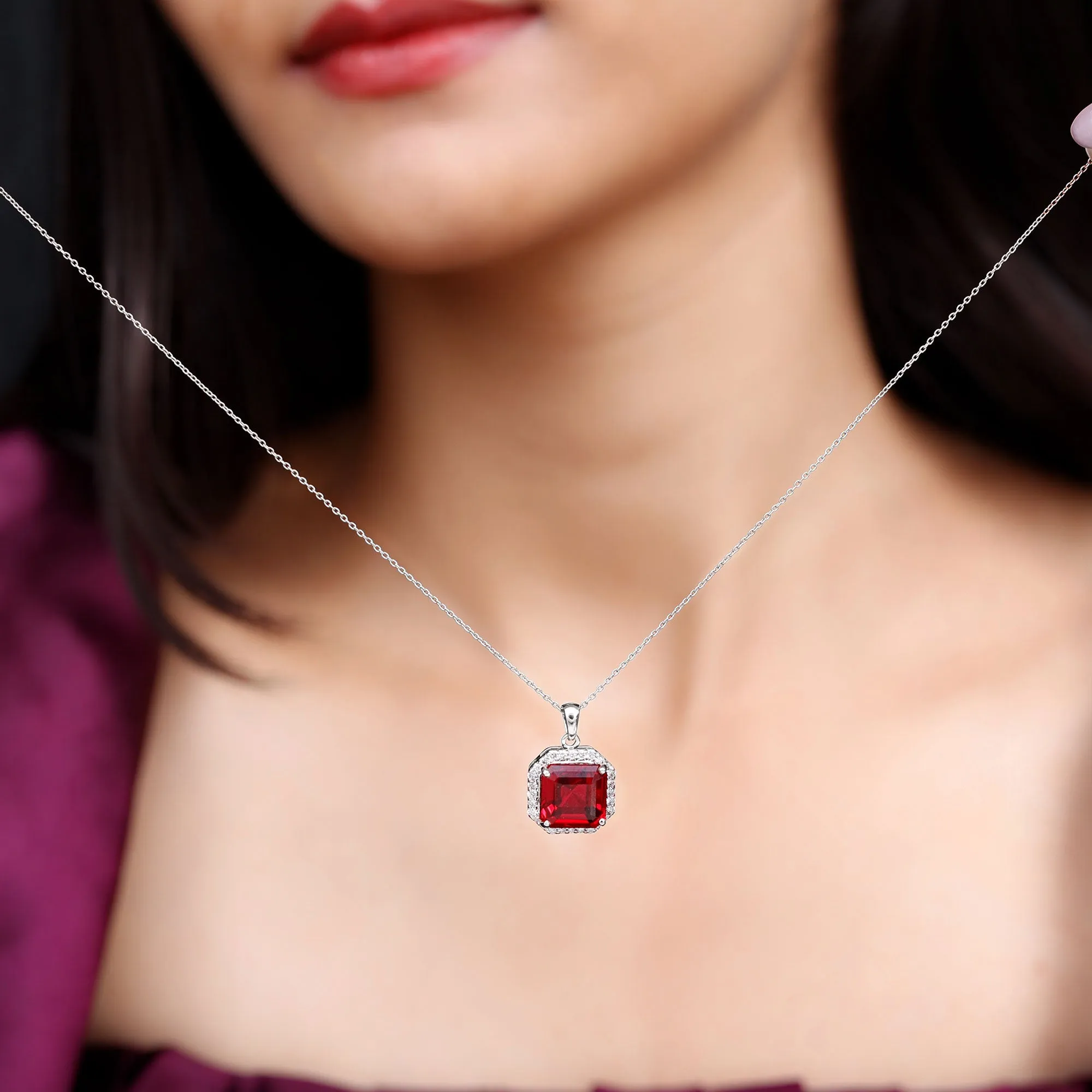 Asscher Cut Created Ruby Bridal Halo Pendant Necklace With Moissanite