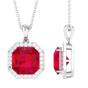 Asscher Cut Created Ruby Bridal Halo Pendant Necklace With Moissanite