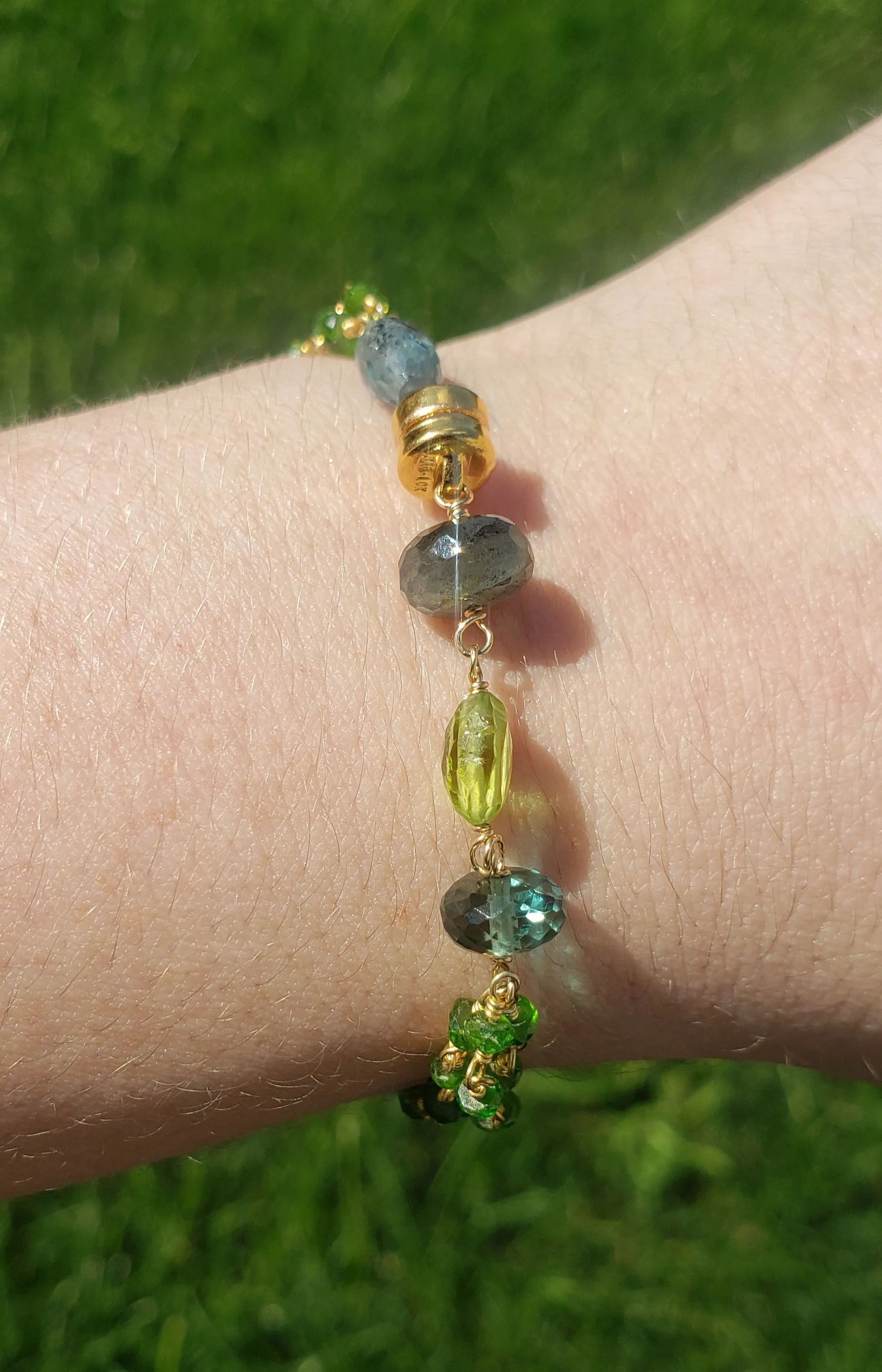 AVF Gold Filled Chrome Diopside, Moss Aqua, Peridot, Kyanite, & Quartz Triple Strand Bracelet (SI3668)