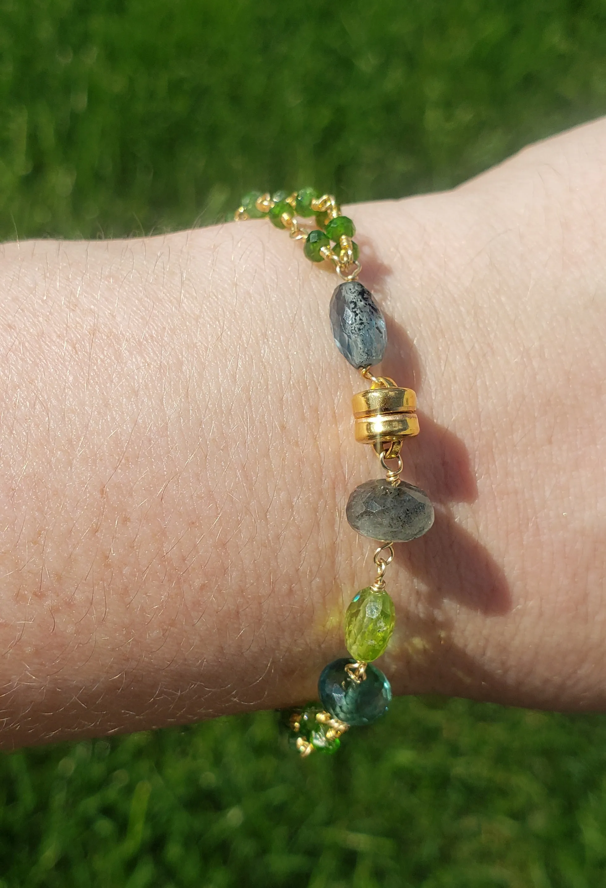 AVF Gold Filled Chrome Diopside, Moss Aqua, Peridot, Kyanite, & Quartz Triple Strand Bracelet (SI3668)
