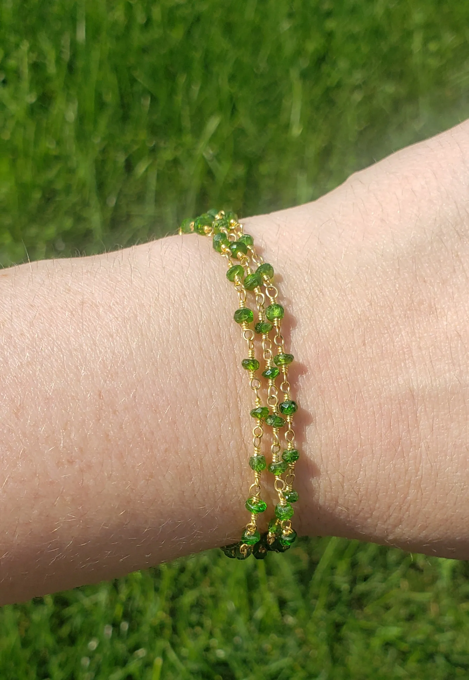 AVF Gold Filled Chrome Diopside, Moss Aqua, Peridot, Kyanite, & Quartz Triple Strand Bracelet (SI3668)