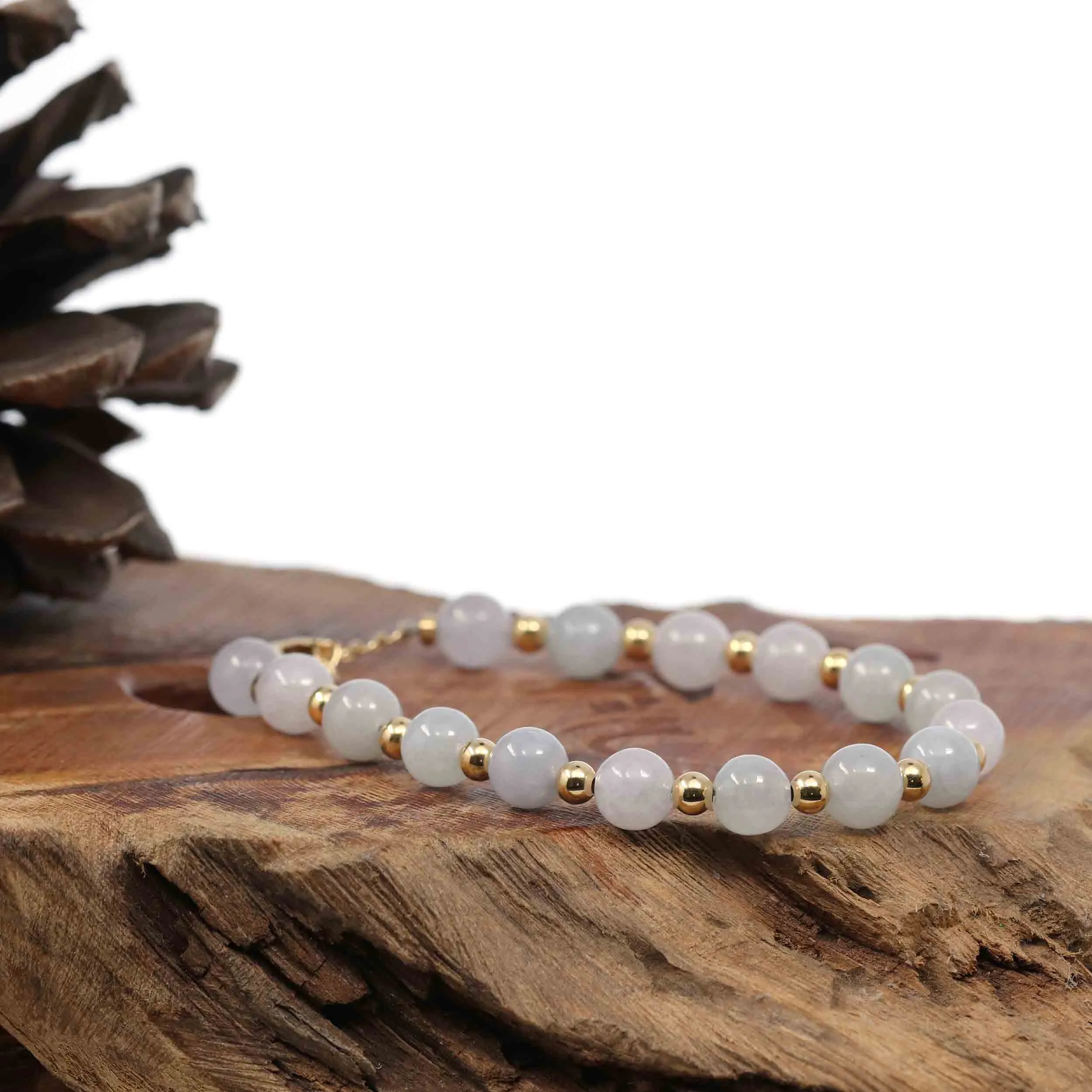Baikalla Genuine High Ice  Light Lavender Jadeite Jade Round Beads Bracelet With 18K Yellow Gold Clasp and Gold Beads ( 7 mm )
