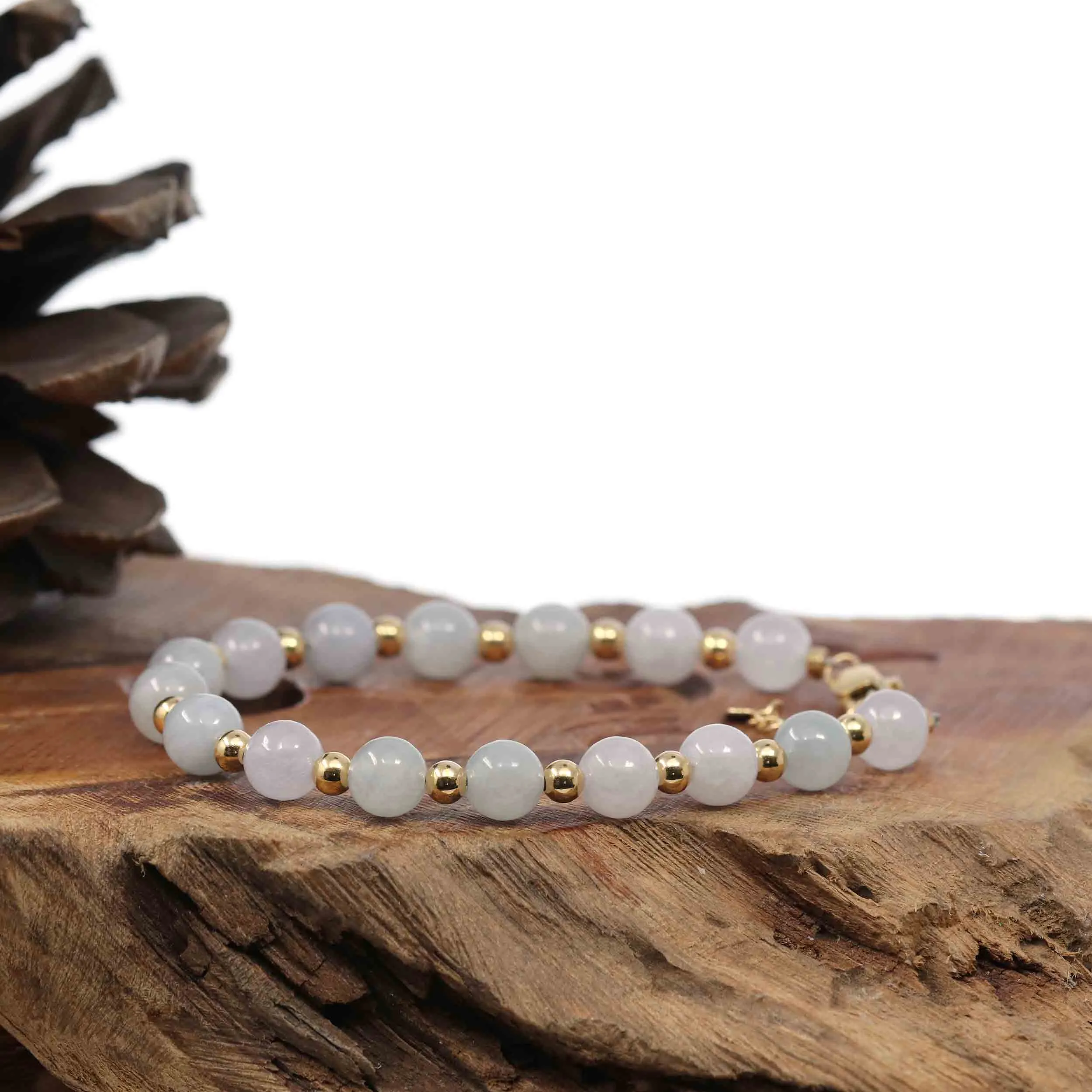 Baikalla Genuine High Ice  Light Lavender Jadeite Jade Round Beads Bracelet With 18K Yellow Gold Clasp and Gold Beads ( 7 mm )