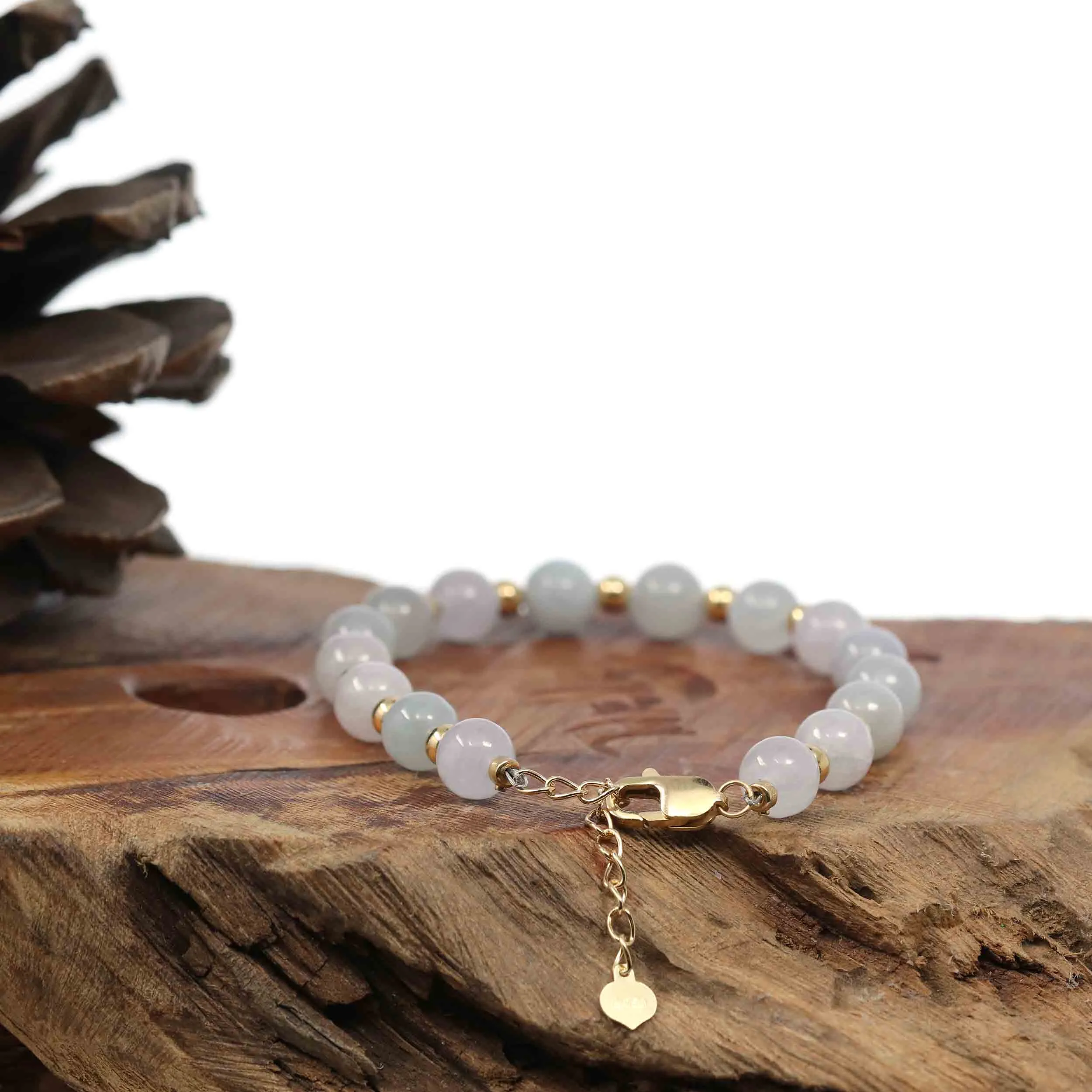 Baikalla Genuine High Ice  Light Lavender Jadeite Jade Round Beads Bracelet With 18K Yellow Gold Clasp and Gold Beads ( 7 mm )