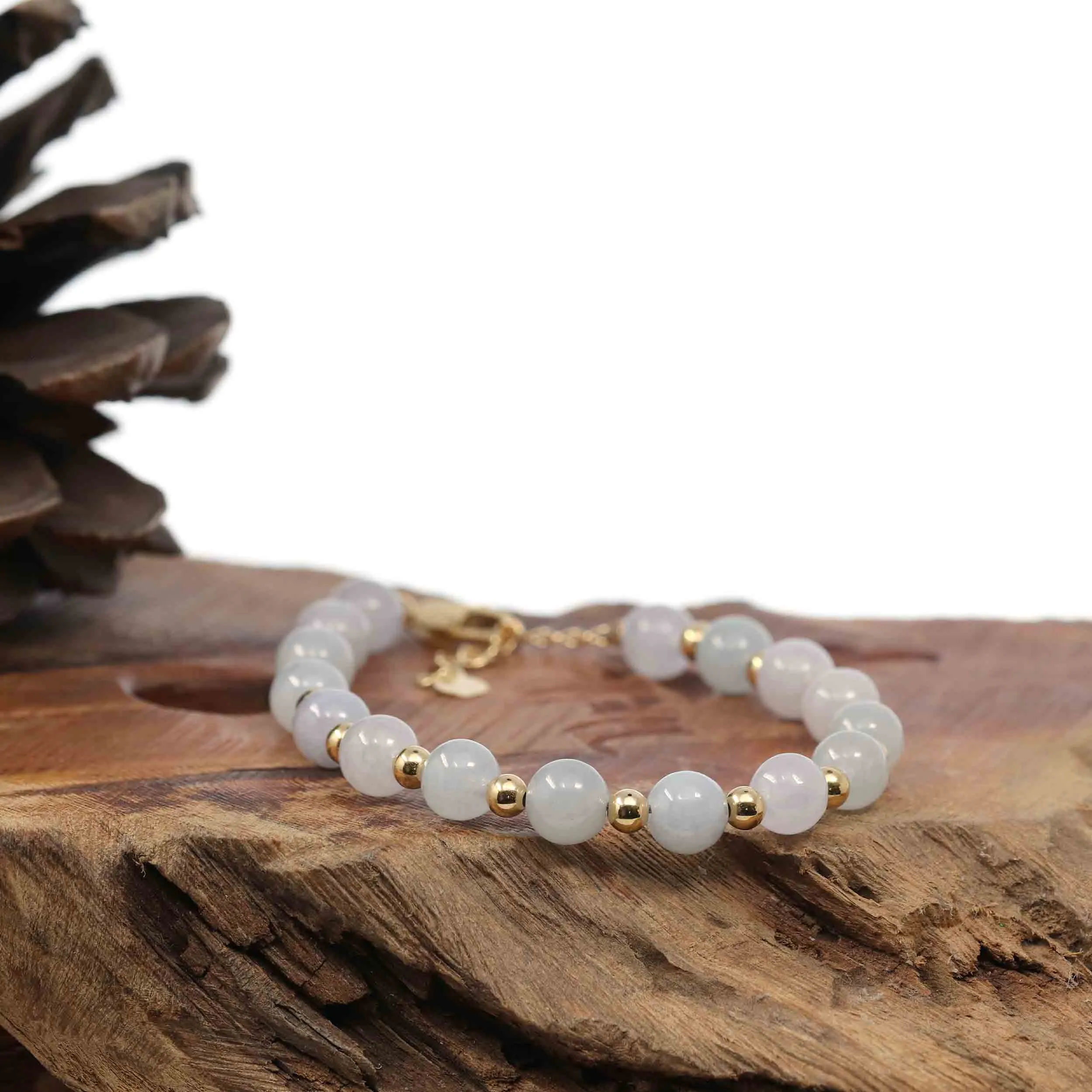 Baikalla Genuine High Ice  Light Lavender Jadeite Jade Round Beads Bracelet With 18K Yellow Gold Clasp and Gold Beads ( 7 mm )