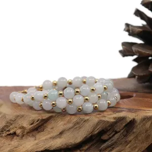 Baikalla Genuine High Ice  Light Lavender Jadeite Jade Round Beads Bracelet With 18K Yellow Gold Clasp and Gold Beads ( 7 mm )
