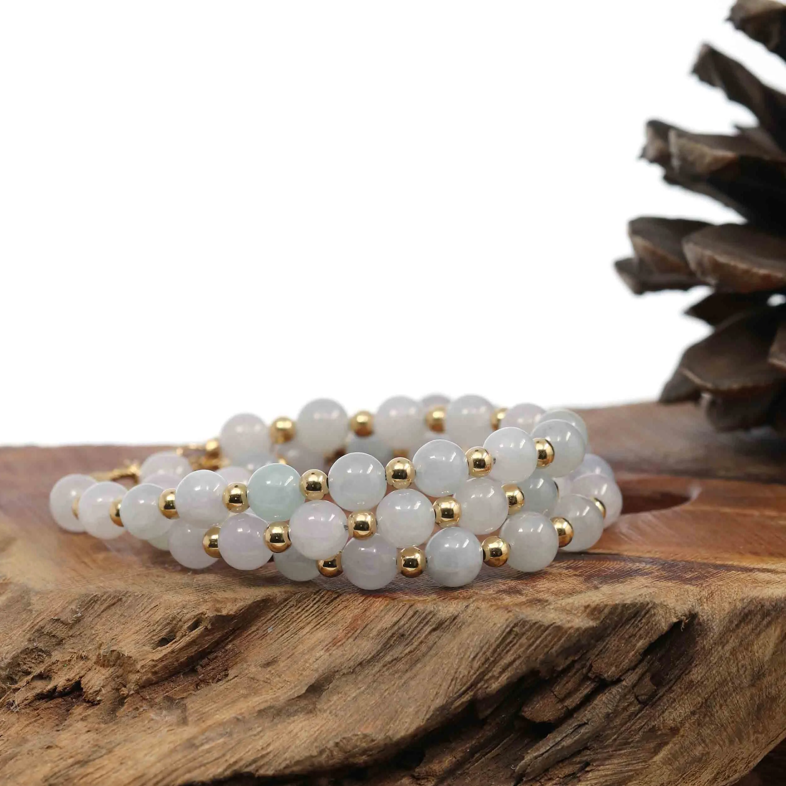 Baikalla Genuine High Ice  Light Lavender Jadeite Jade Round Beads Bracelet With 18K Yellow Gold Clasp and Gold Beads ( 7 mm )