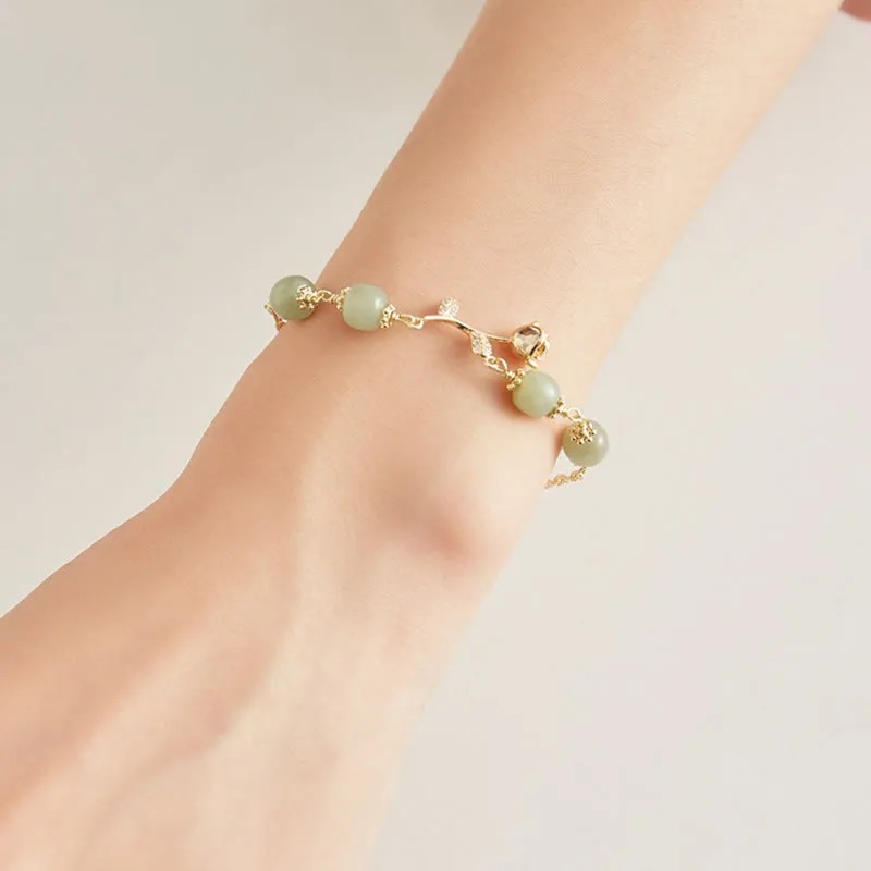 Buddha Stones 14K Gold Plated Hetian Jade Golden Rose Flower Luck Chain Bracelet
