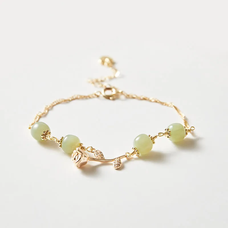 Buddha Stones 14K Gold Plated Hetian Jade Golden Rose Flower Luck Chain Bracelet