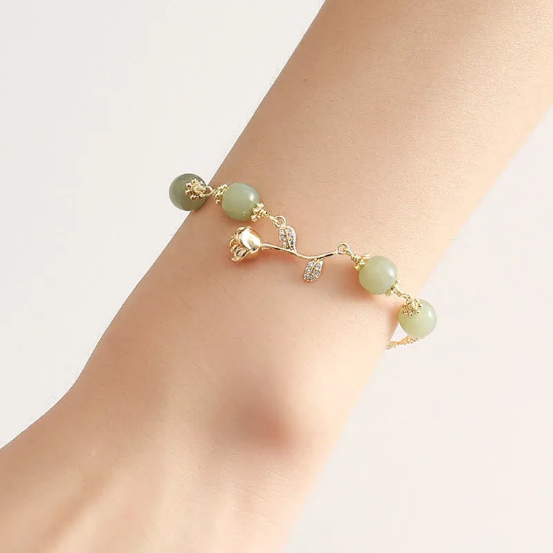 Buddha Stones 14K Gold Plated Hetian Jade Golden Rose Flower Luck Chain Bracelet