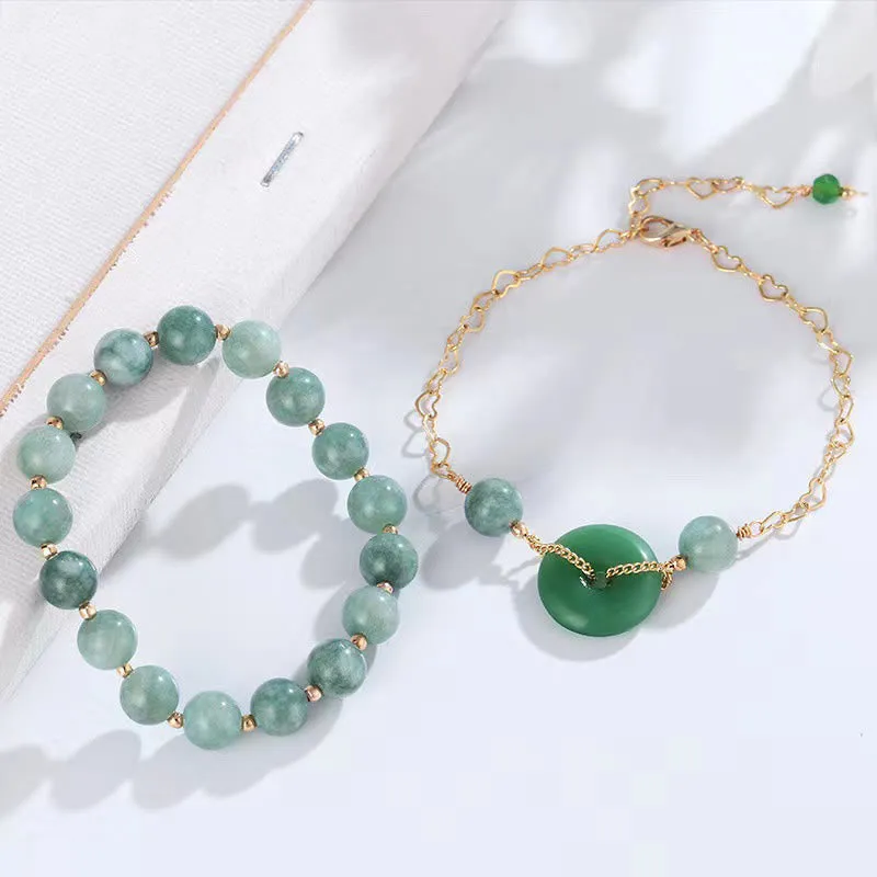 Buddha Stones 2Pcs Round Jade Peace Buckle Prosperity Luck Bracelet