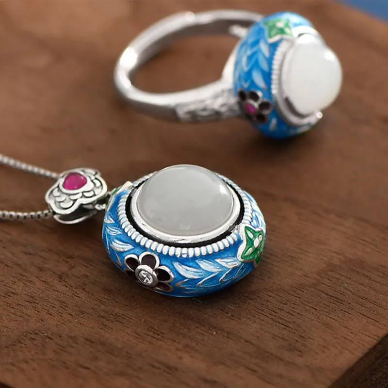 Buddha Stones 925 Sterling Silver Blue Enamel Round Hetian Jade Luck Necklace Pendant Ring Set