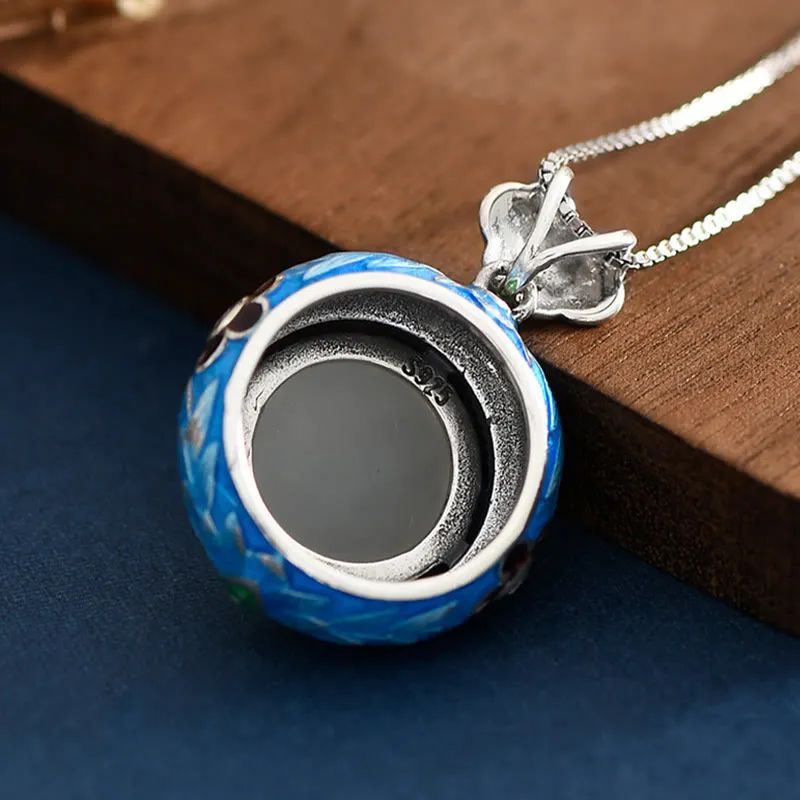 Buddha Stones 925 Sterling Silver Blue Enamel Round Hetian Jade Luck Necklace Pendant Ring Set