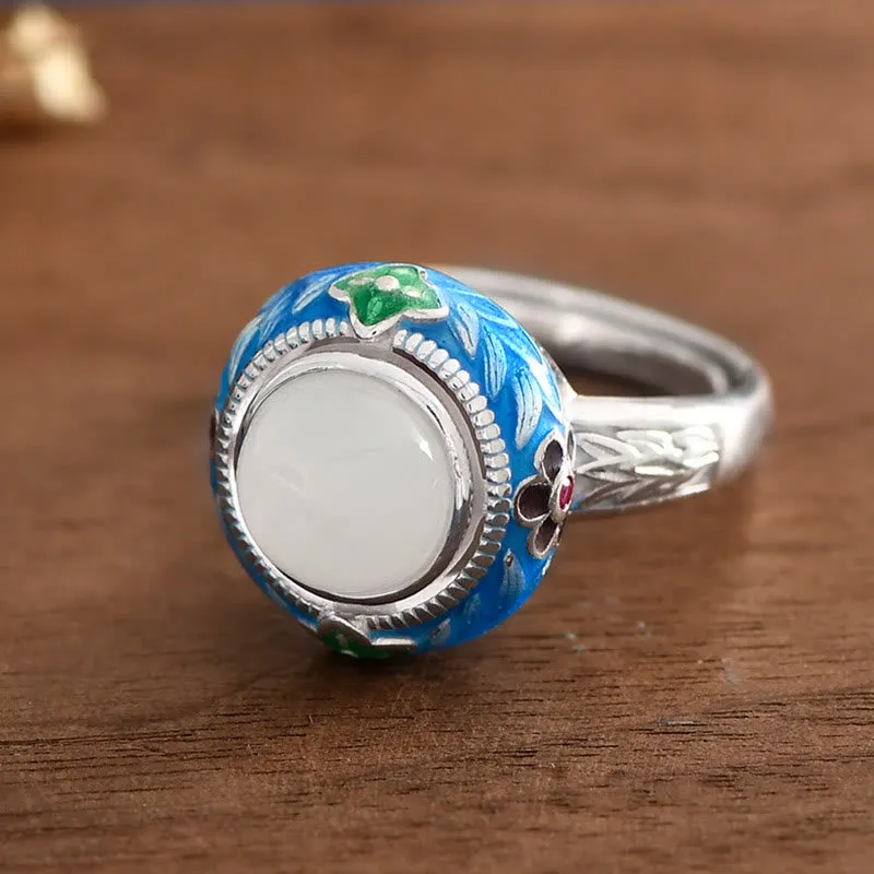 Buddha Stones 925 Sterling Silver Blue Enamel Round Hetian Jade Luck Necklace Pendant Ring Set