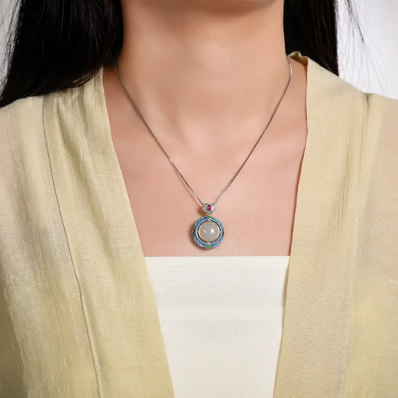 Buddha Stones 925 Sterling Silver Blue Enamel Round Hetian Jade Luck Necklace Pendant Ring Set