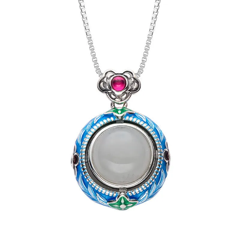 Buddha Stones 925 Sterling Silver Blue Enamel Round Hetian Jade Luck Necklace Pendant Ring Set