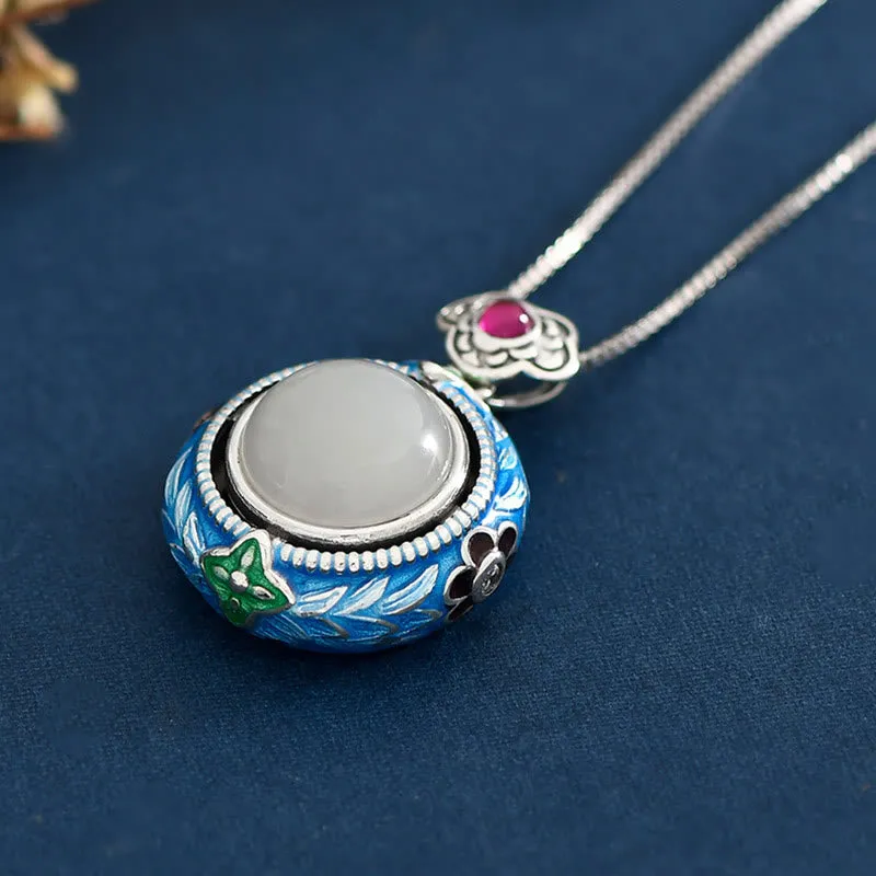 Buddha Stones 925 Sterling Silver Blue Enamel Round Hetian Jade Luck Necklace Pendant Ring Set