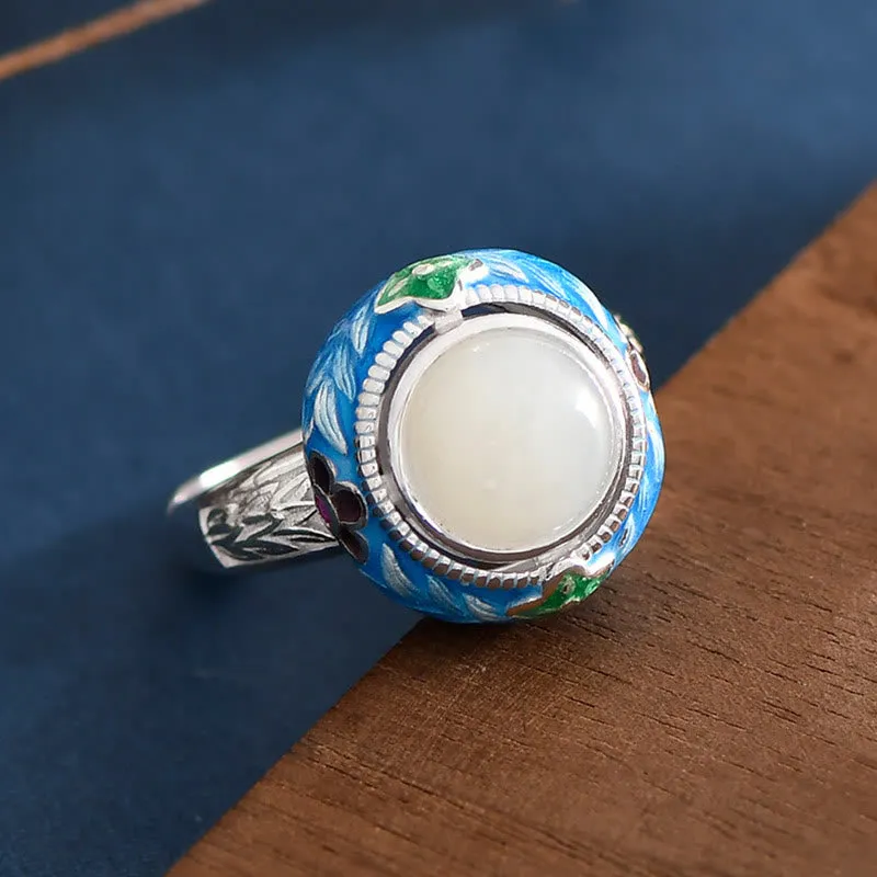 Buddha Stones 925 Sterling Silver Blue Enamel Round Hetian Jade Luck Necklace Pendant Ring Set