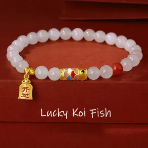 Buddha Stones 925 Sterling Silver Hetian White Jade Red Agate Koi Fish Luck Happiness Bracelet