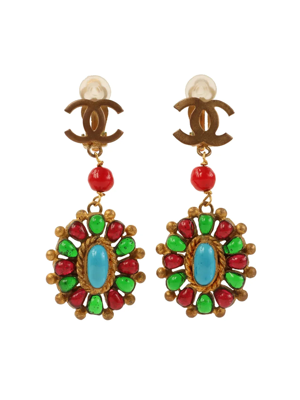 CHANEL 1993 Made Gripoix Cc Mark Swing Earrings Gold/Turquoise/Multi