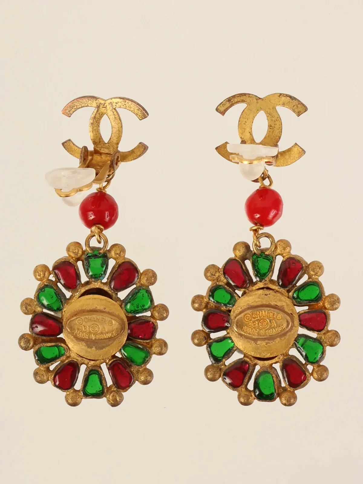 CHANEL 1993 Made Gripoix Cc Mark Swing Earrings Gold/Turquoise/Multi
