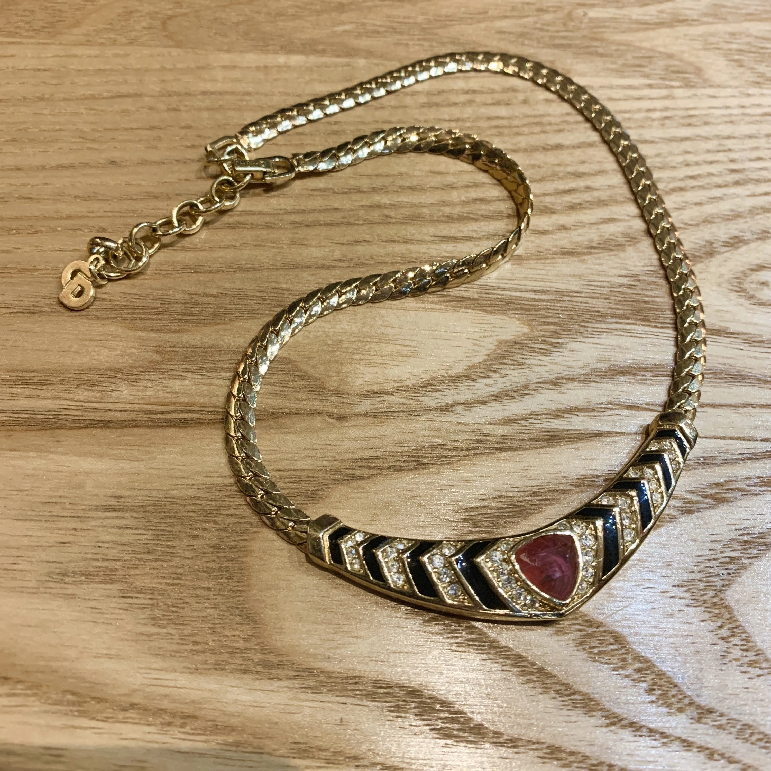 Christian Dior Vintage Necklace Gold Crystal Red Black