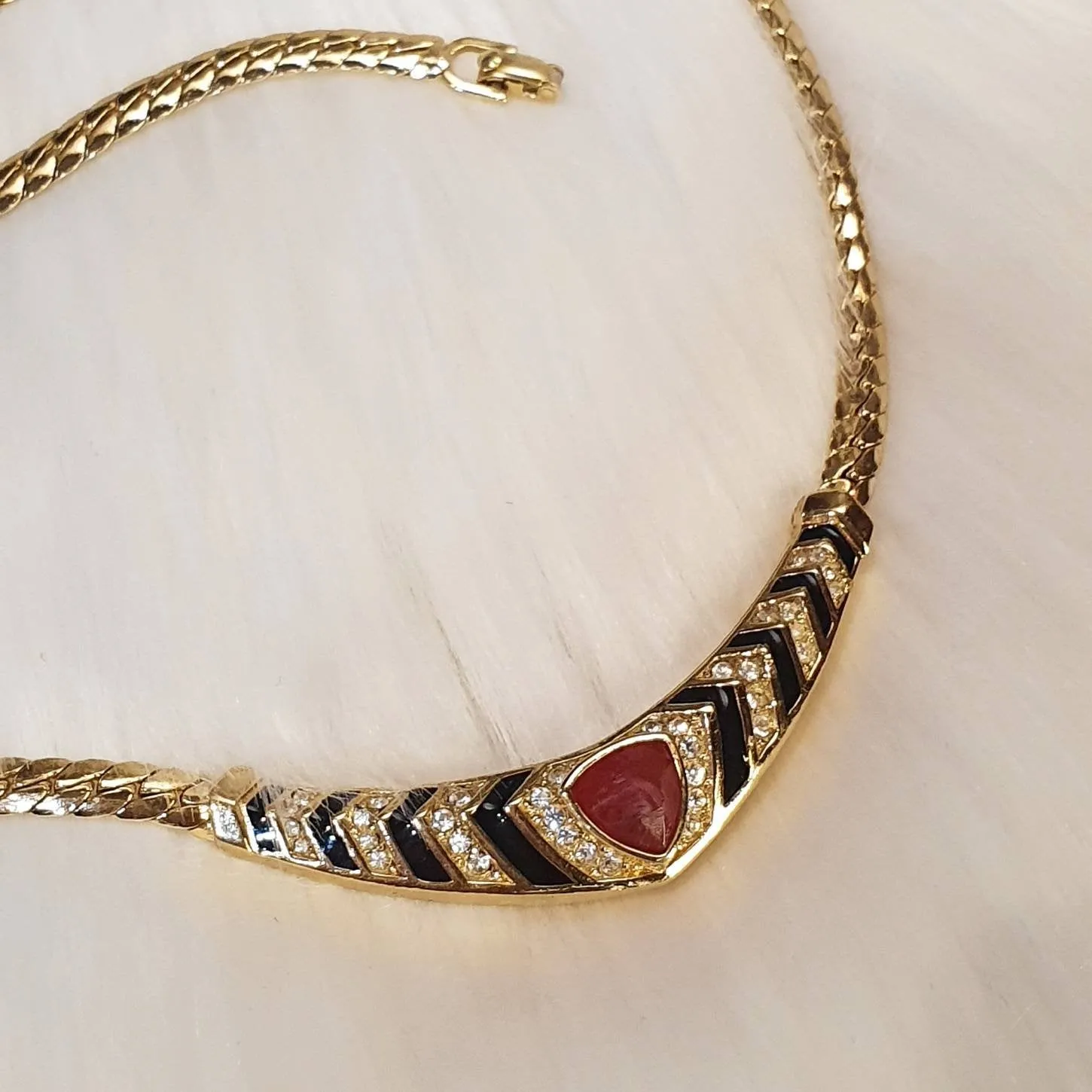 Christian Dior Vintage Necklace Gold Crystal Red Black