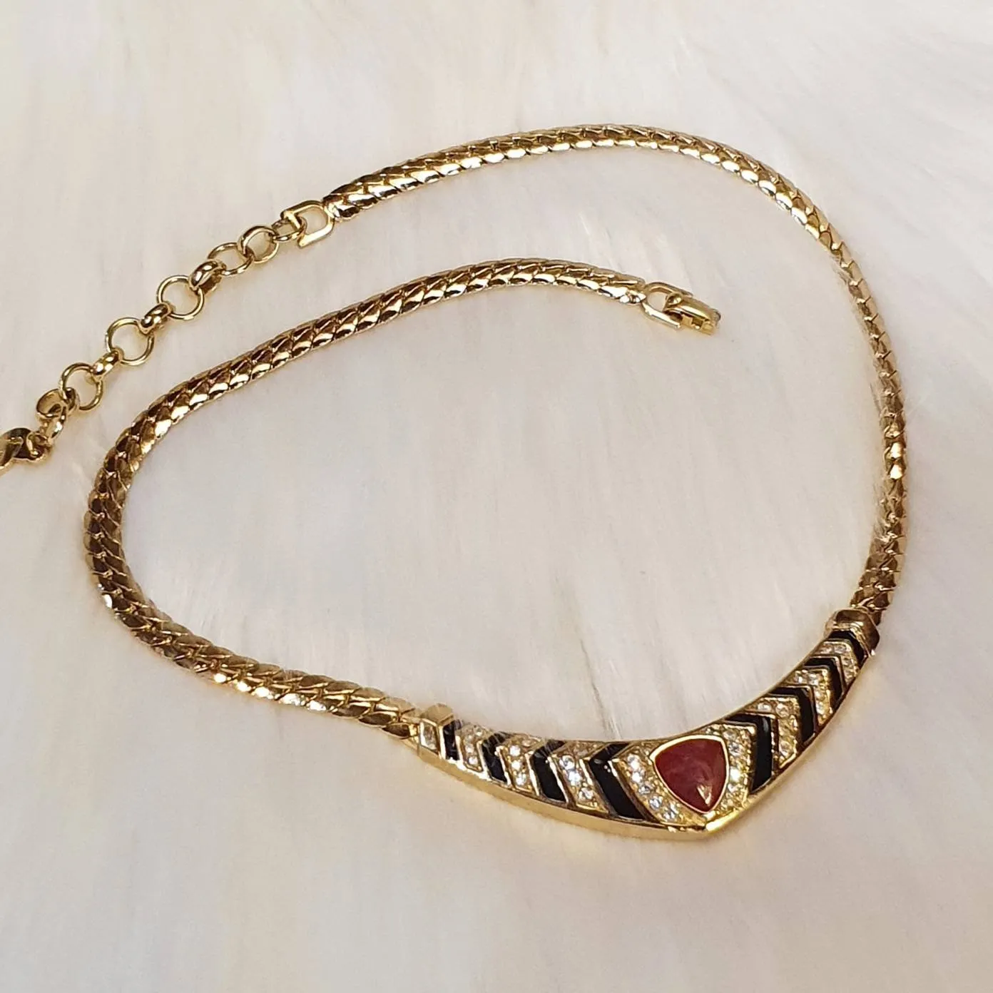 Christian Dior Vintage Necklace Gold Crystal Red Black