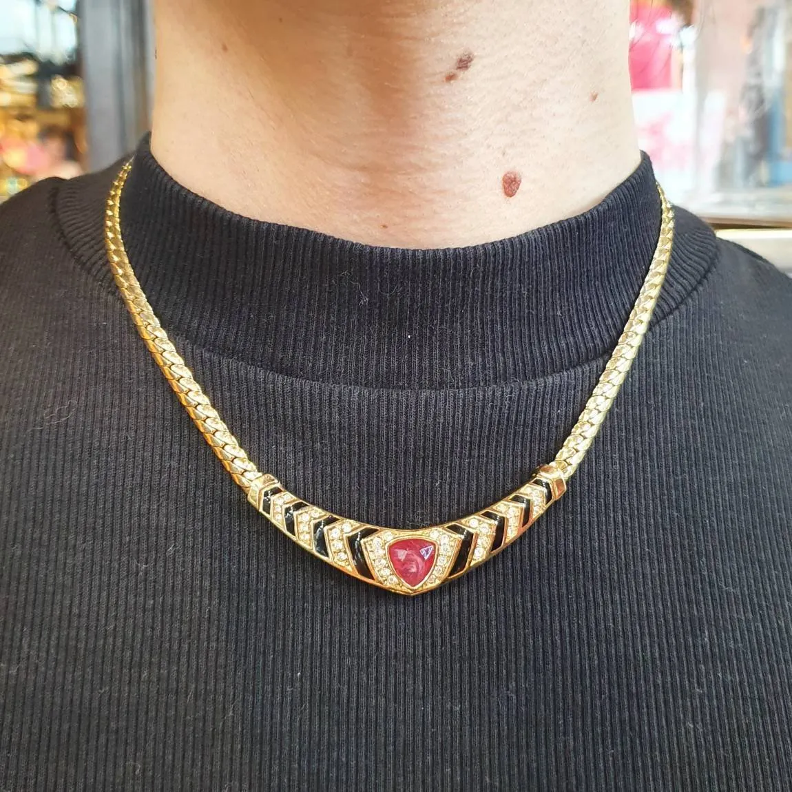 Christian Dior Vintage Necklace Gold Crystal Red Black