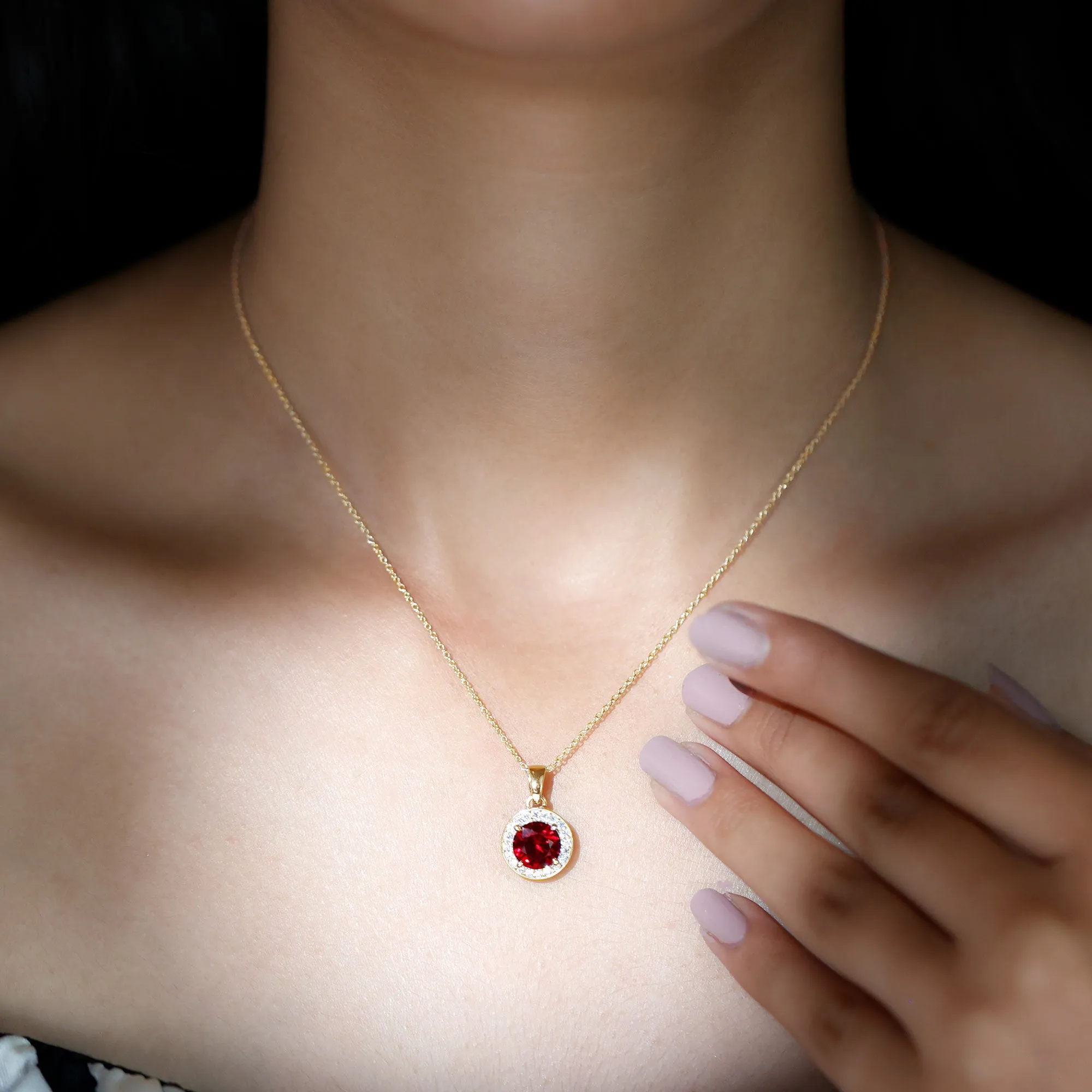 Created Ruby and Moissanite Classic Halo Pendant