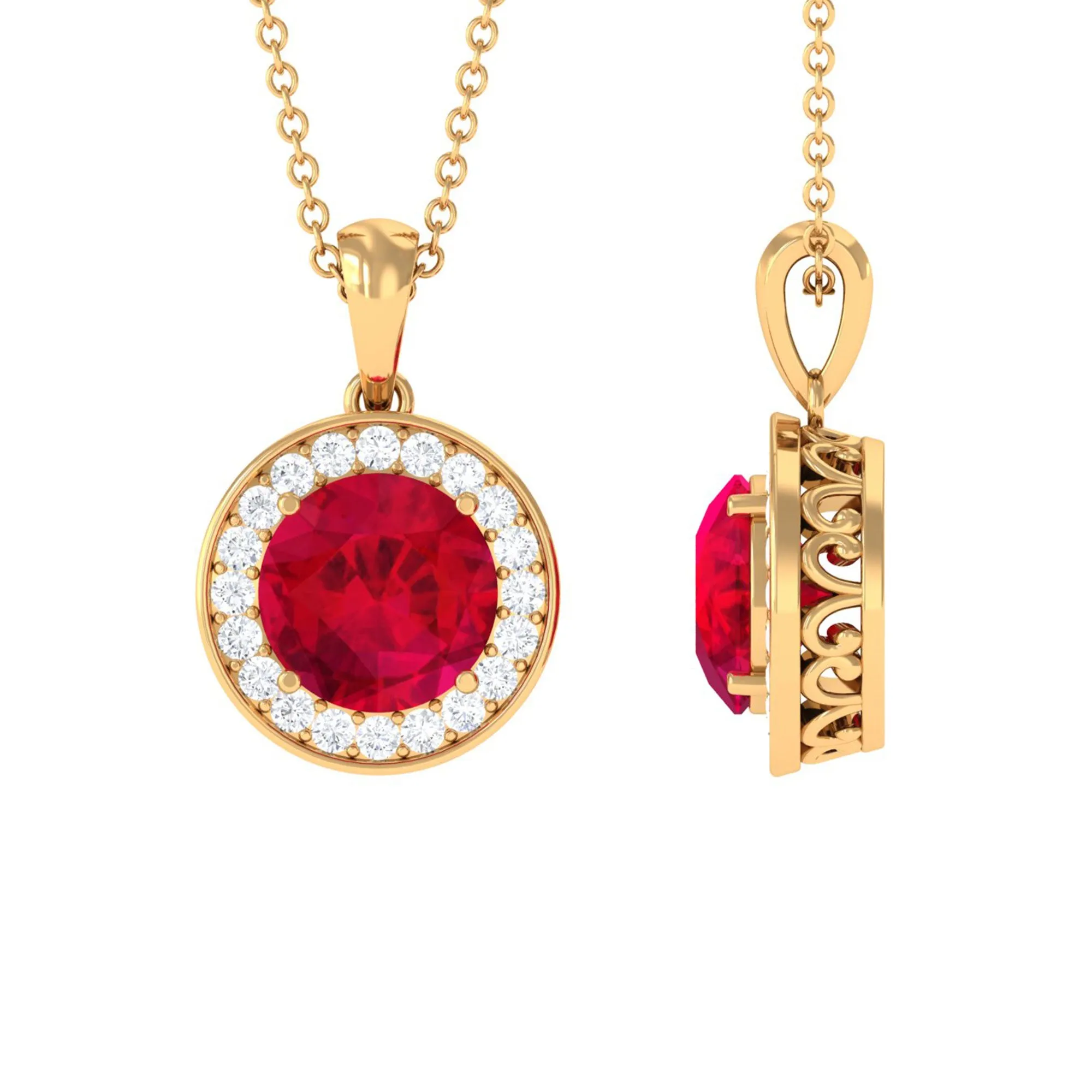 Created Ruby and Moissanite Classic Halo Pendant
