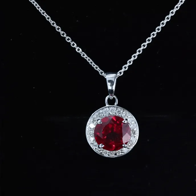 Created Ruby and Moissanite Classic Halo Pendant