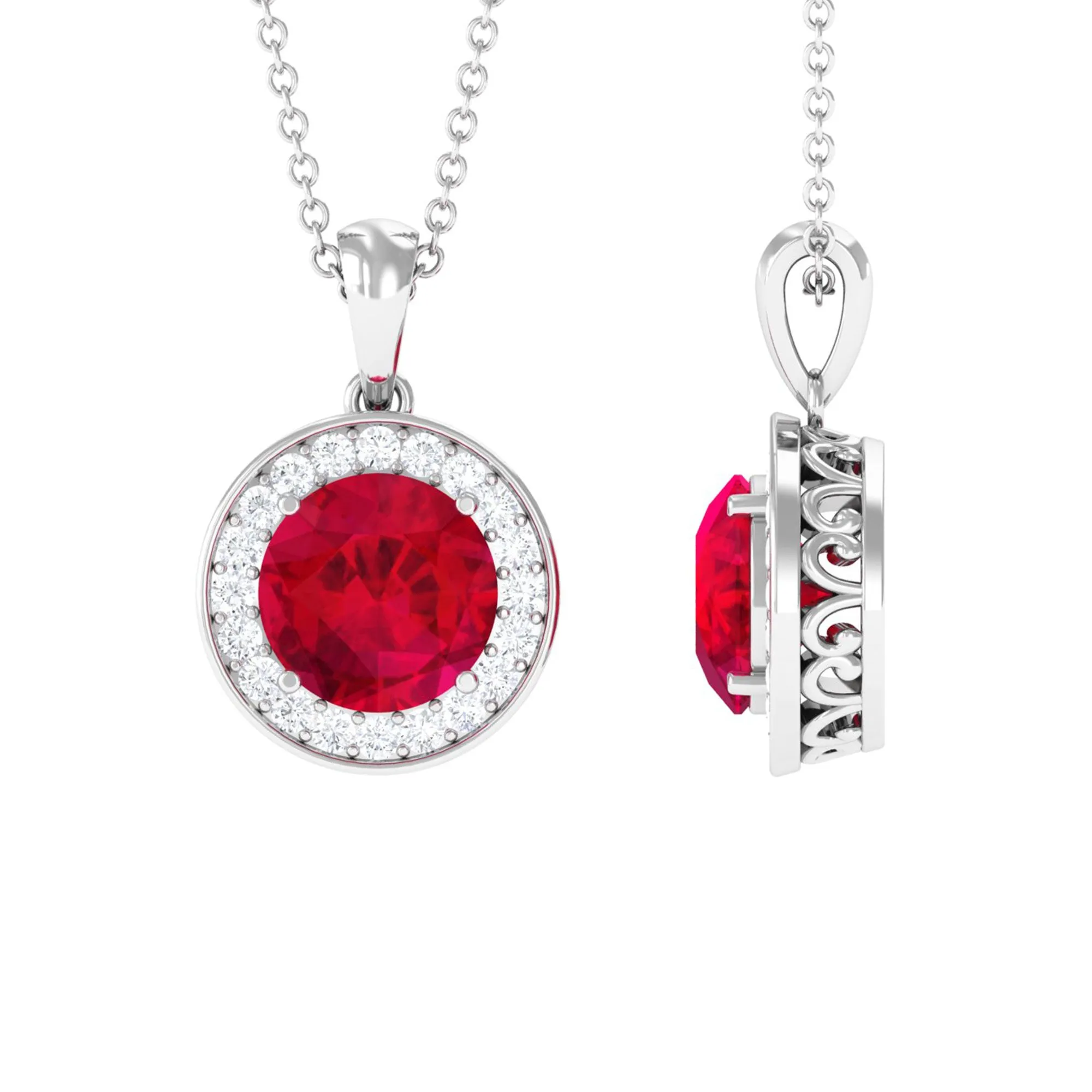 Created Ruby and Moissanite Classic Halo Pendant