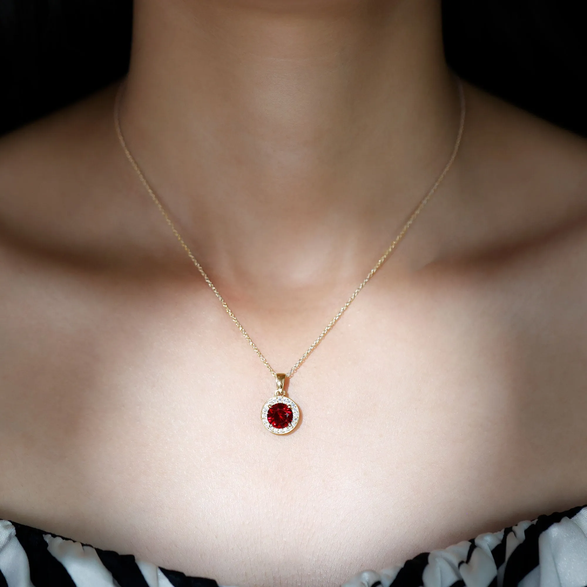 Created Ruby and Moissanite Classic Halo Pendant